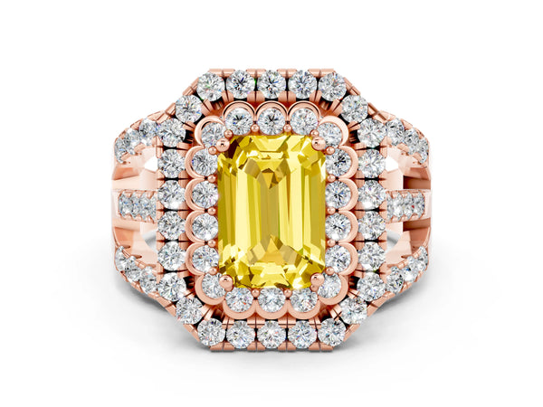 Rose gold Emerald Cut Yellow Sapphire Double Halo Ring with Round Pavé Split Shank and Prong Setting