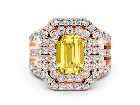 Rose gold Double Halo Emerald Cut Diamond Split Shank Pave Set Ring