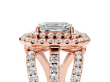 Rose gold Double Halo Emerald Cut Diamond Split Shank Pave Set Ring_8