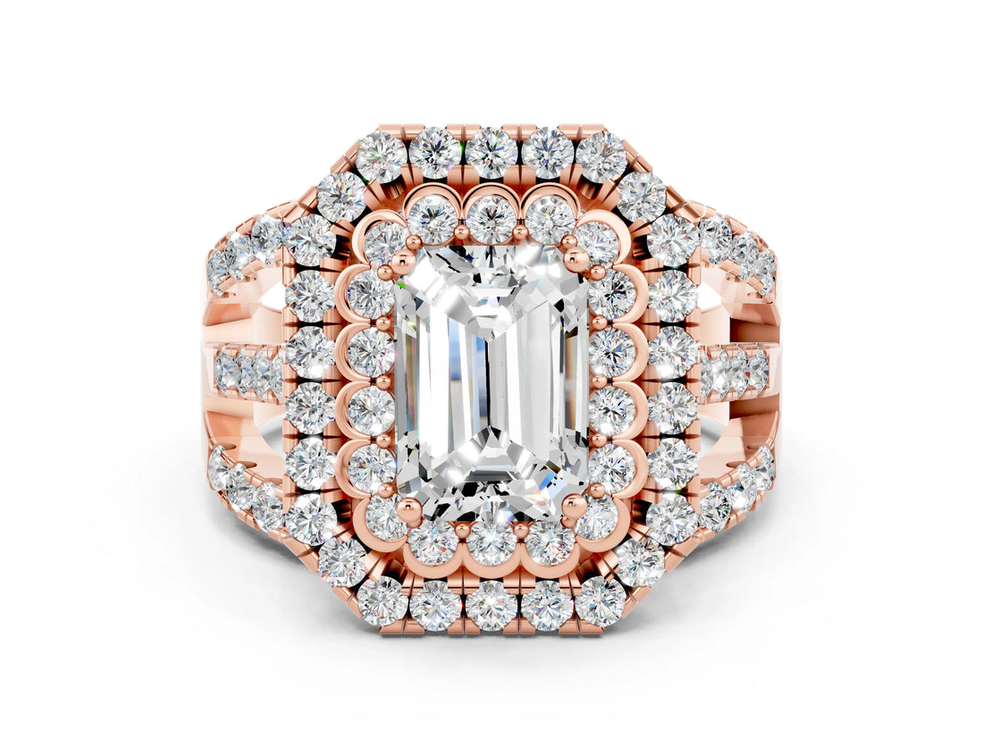 Rose gold Double Halo Emerald Cut Diamond Split Shank Pave Set Ring