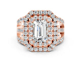Rose gold Double Halo Emerald Cut Diamond Split Shank Pave Set Ring