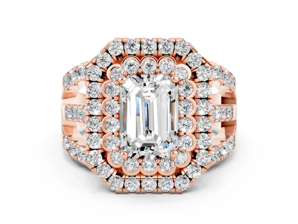 Rose gold Emerald Cut Moissanite Double Halo Ring with Round Pavé Split Shank and Prong Setting