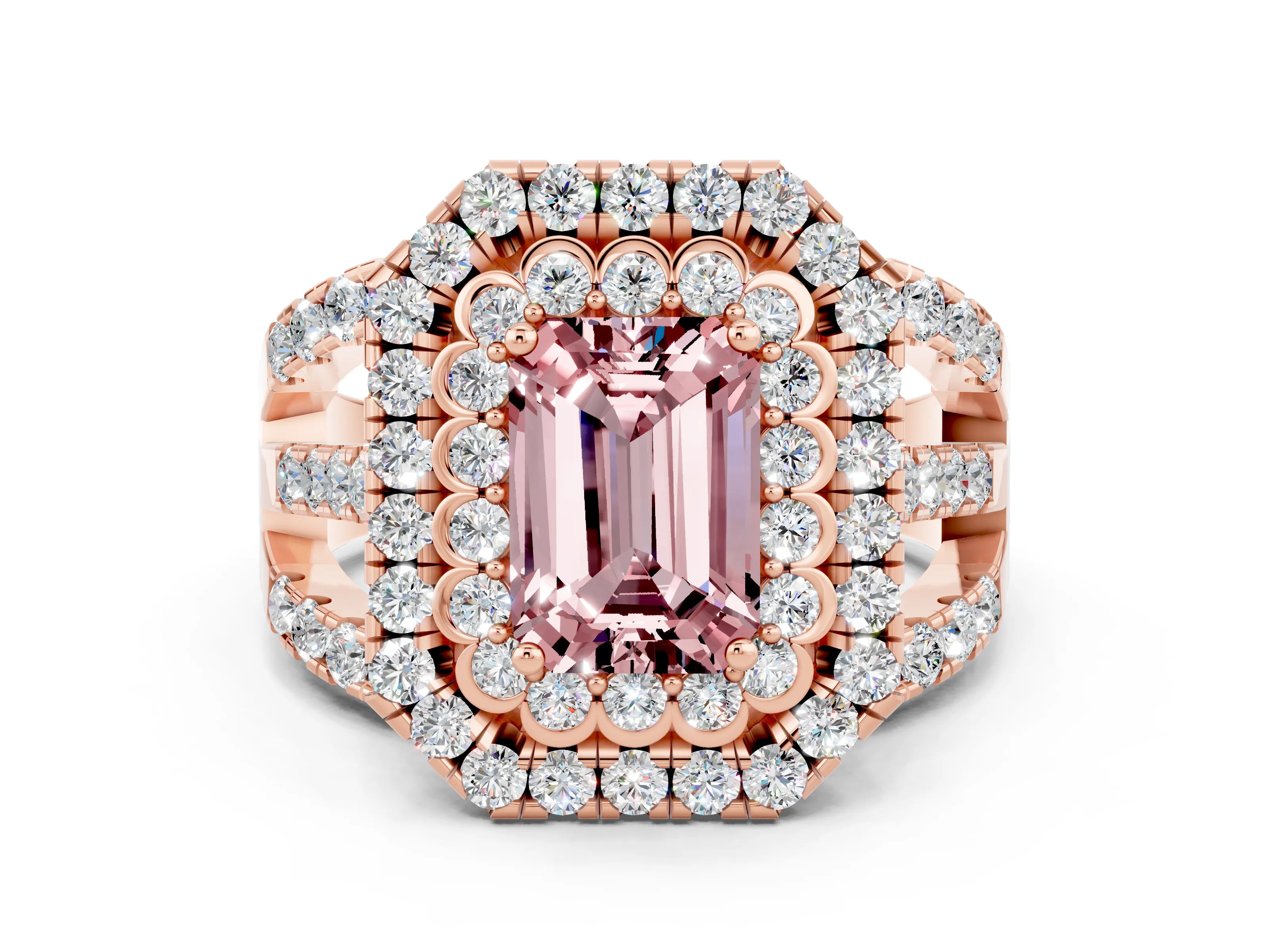 Rose gold Double Halo Emerald Cut Diamond Split Shank Pave Set Ring