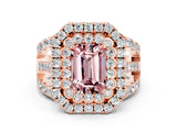 Rose gold Double Halo Emerald Cut Diamond Split Shank Pave Set Ring