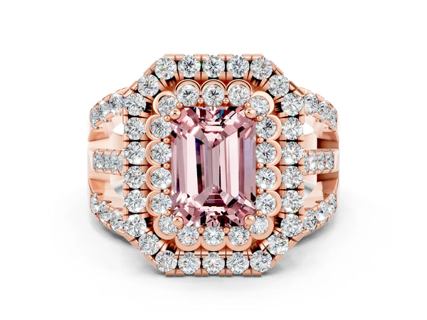 Rose gold Double Halo Emerald Cut Diamond Split Shank Pave Set Ring