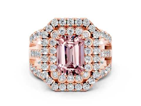 Rose gold Double Halo Emerald Cut Diamond Split Shank Pave Set Ring