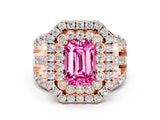 Rose gold Double Halo Emerald Cut Diamond Split Shank Pave Set Ring