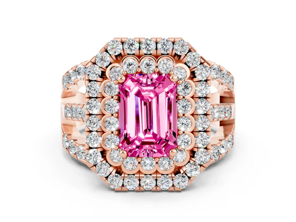 Rose gold Emerald Cut Pink Sapphire Double Halo Ring with Round Pavé Split Shank and Prong Setting