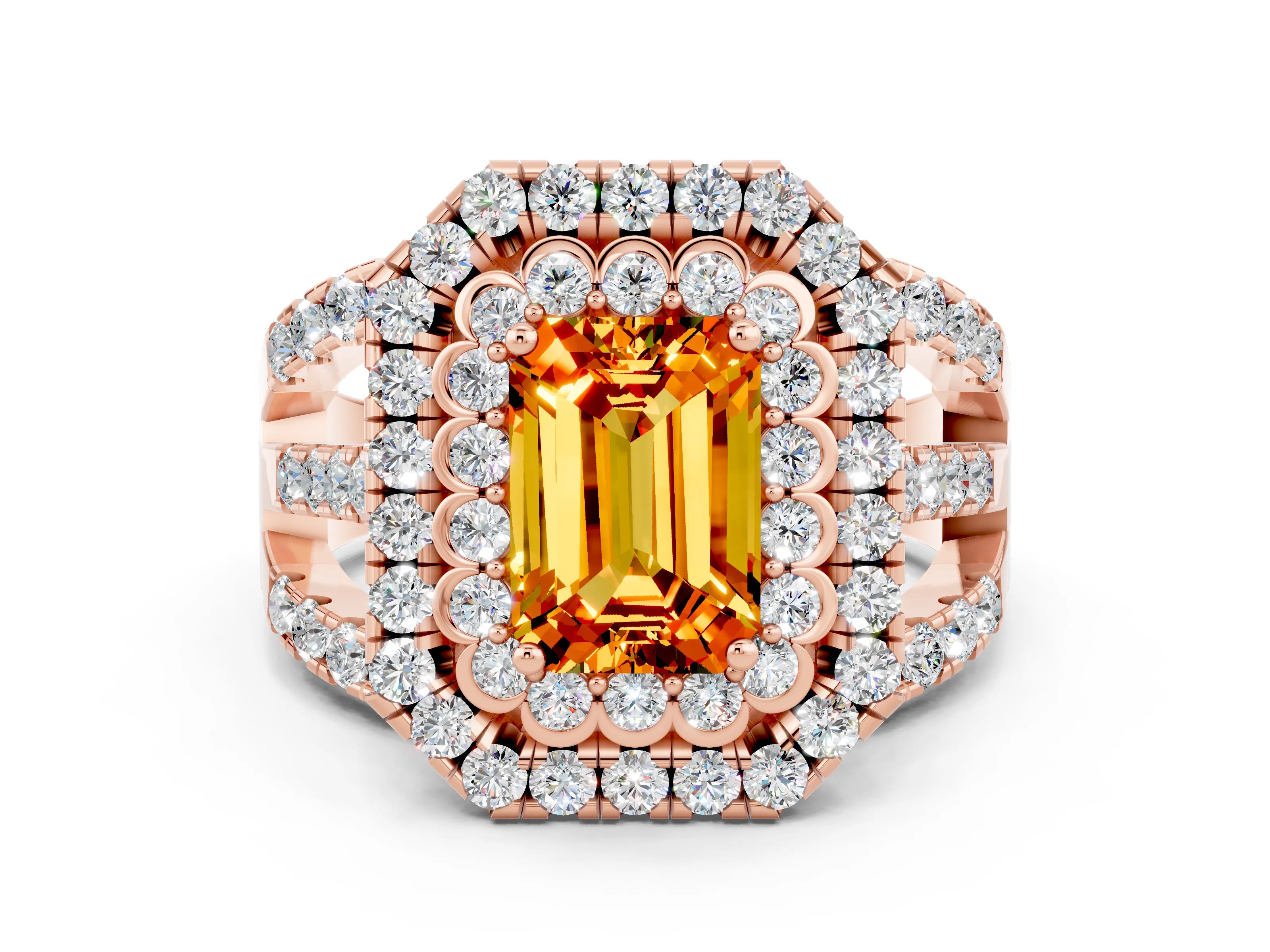 Rose gold Double Halo Emerald Cut Diamond Split Shank Pave Set Ring