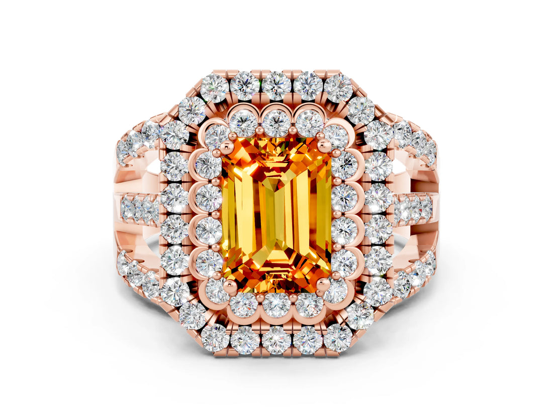 Rose gold Double Halo Emerald Cut Diamond Split Shank Pave Set Ring