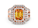 Rose gold Double Halo Emerald Cut Diamond Split Shank Pave Set Ring