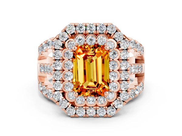 Rose gold Emerald Cut Citrine Double Halo Ring with Round Pavé Split Shank and Prong Setting