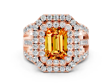 Rose gold Double Halo Emerald Cut Diamond Split Shank Pave Set Ring