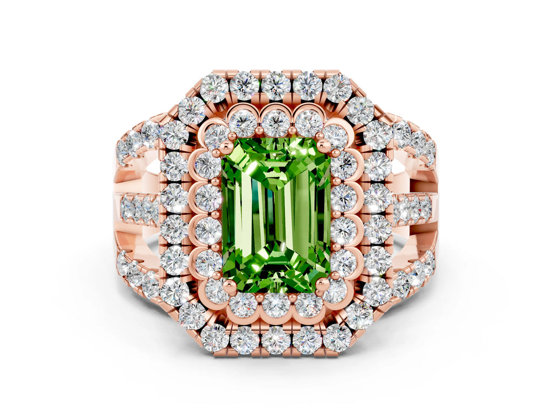 Rose gold Double Halo Emerald Cut Diamond Split Shank Pave Set Ring