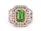 Rose gold Double Halo Emerald Cut Diamond Split Shank Pave Set Ring