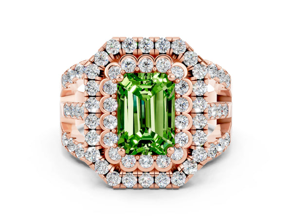 Rose gold Double Halo Emerald Cut Diamond Split Shank Pave Set Ring