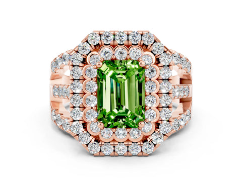 Rose gold Double Halo Emerald Cut Diamond Split Shank Pave Set Ring