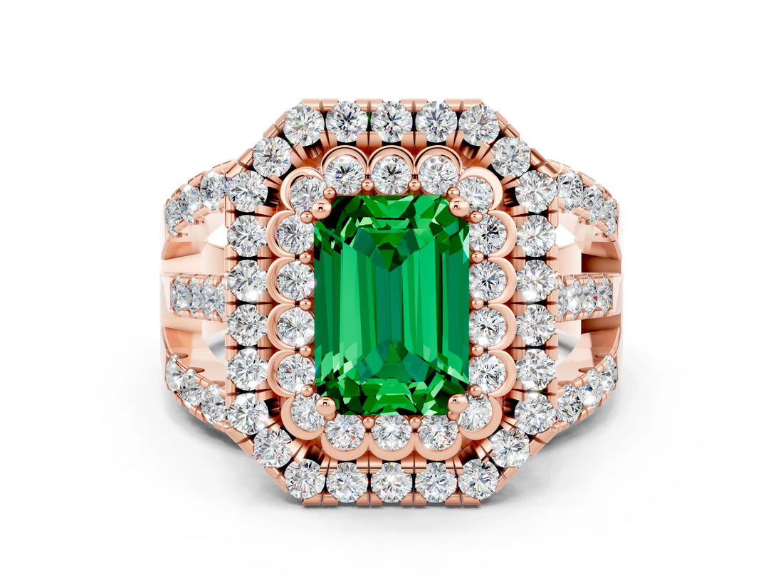 Rose gold Double Halo Emerald Cut Diamond Split Shank Pave Set Ring