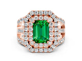 Rose gold Double Halo Emerald Cut Diamond Split Shank Pave Set Ring