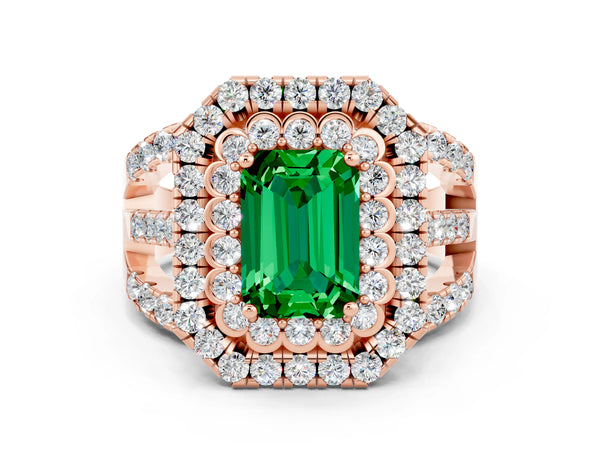 Rose gold Emerald Cut Emerald Double Halo Ring with Round Pavé Split Shank and Prong Setting