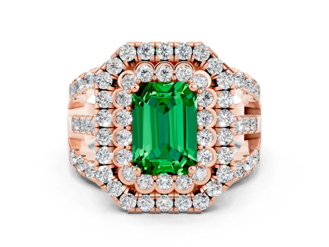 Rose gold Double Halo Emerald Cut Diamond Split Shank Pave Set Ring