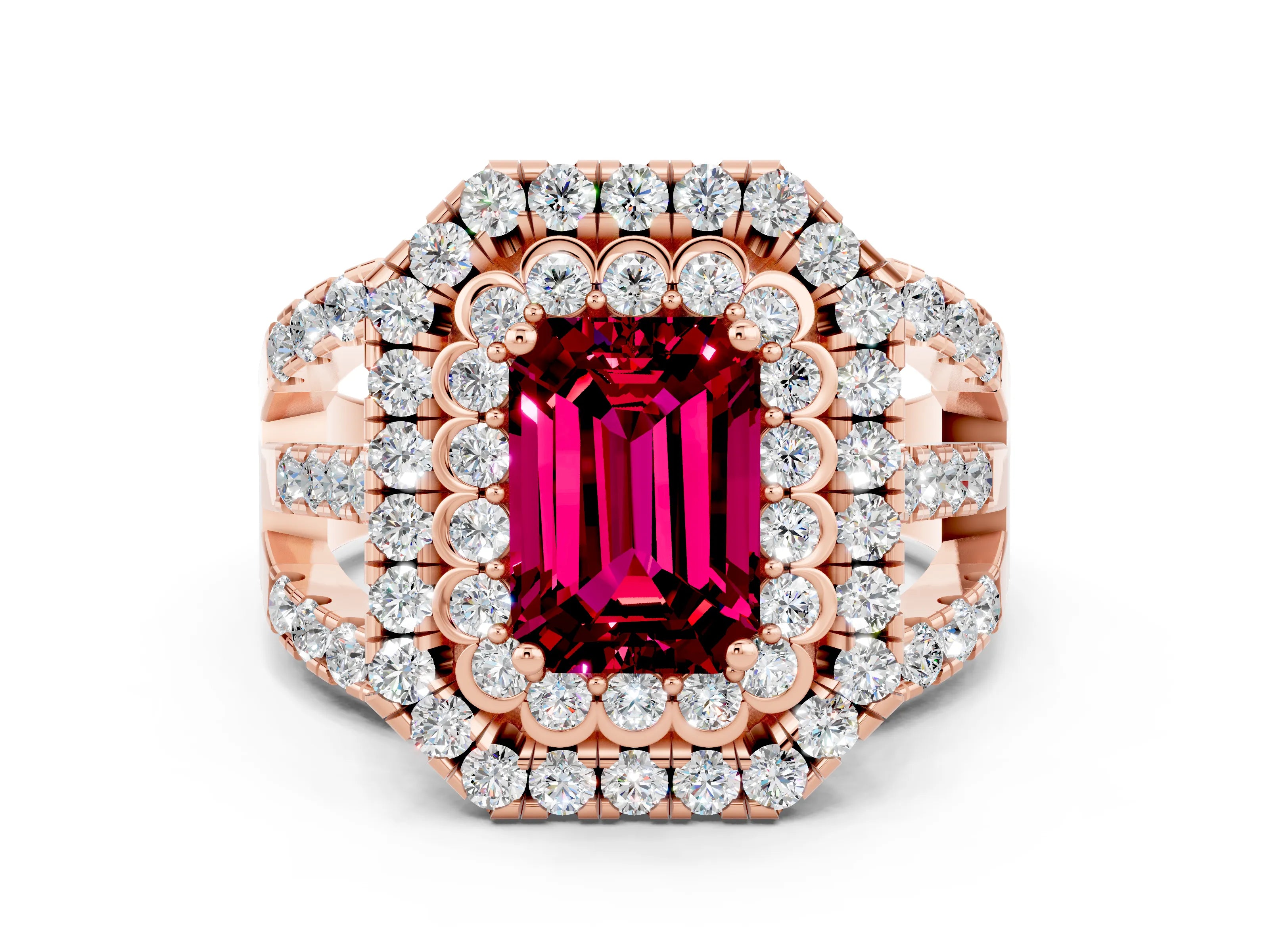 Rose gold Double Halo Emerald Cut Diamond Split Shank Pave Set Ring