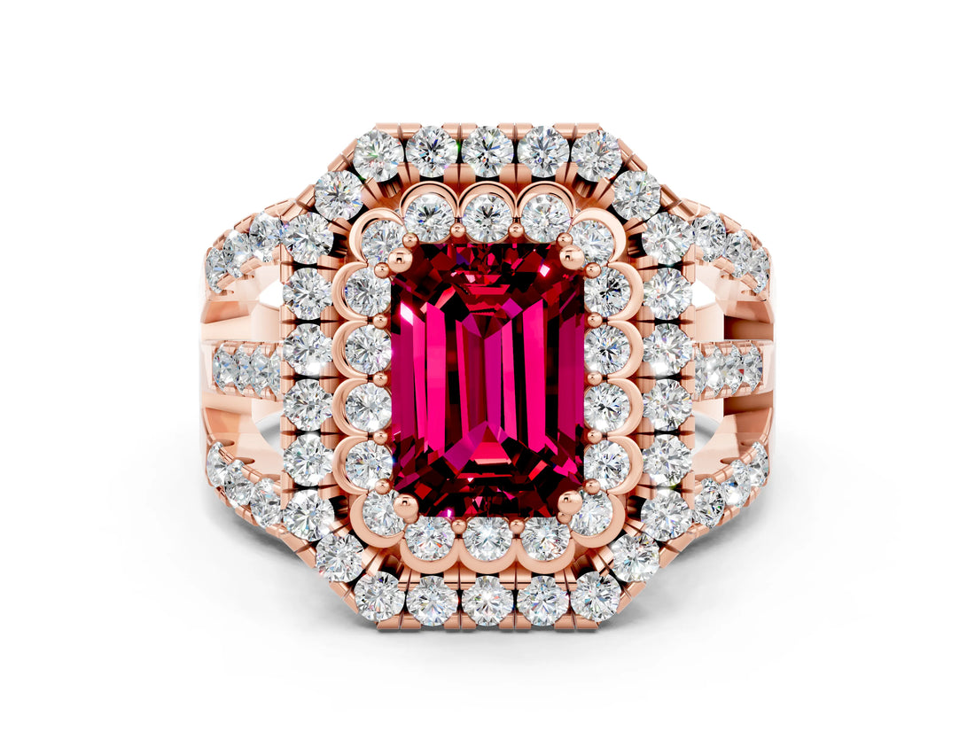 Rose gold Double Halo Emerald Cut Diamond Split Shank Pave Set Ring