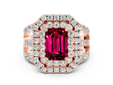 Rose gold Double Halo Emerald Cut Diamond Split Shank Pave Set Ring