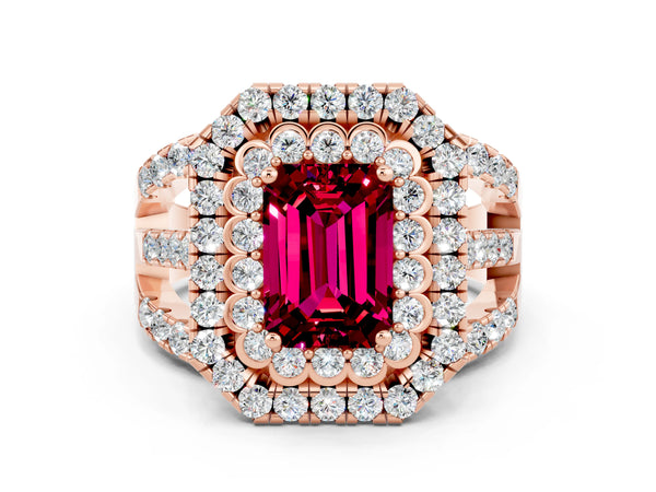 Rose gold Emerald Cut Garnet Double Halo Ring with Round Pavé Split Shank and Prong Setting