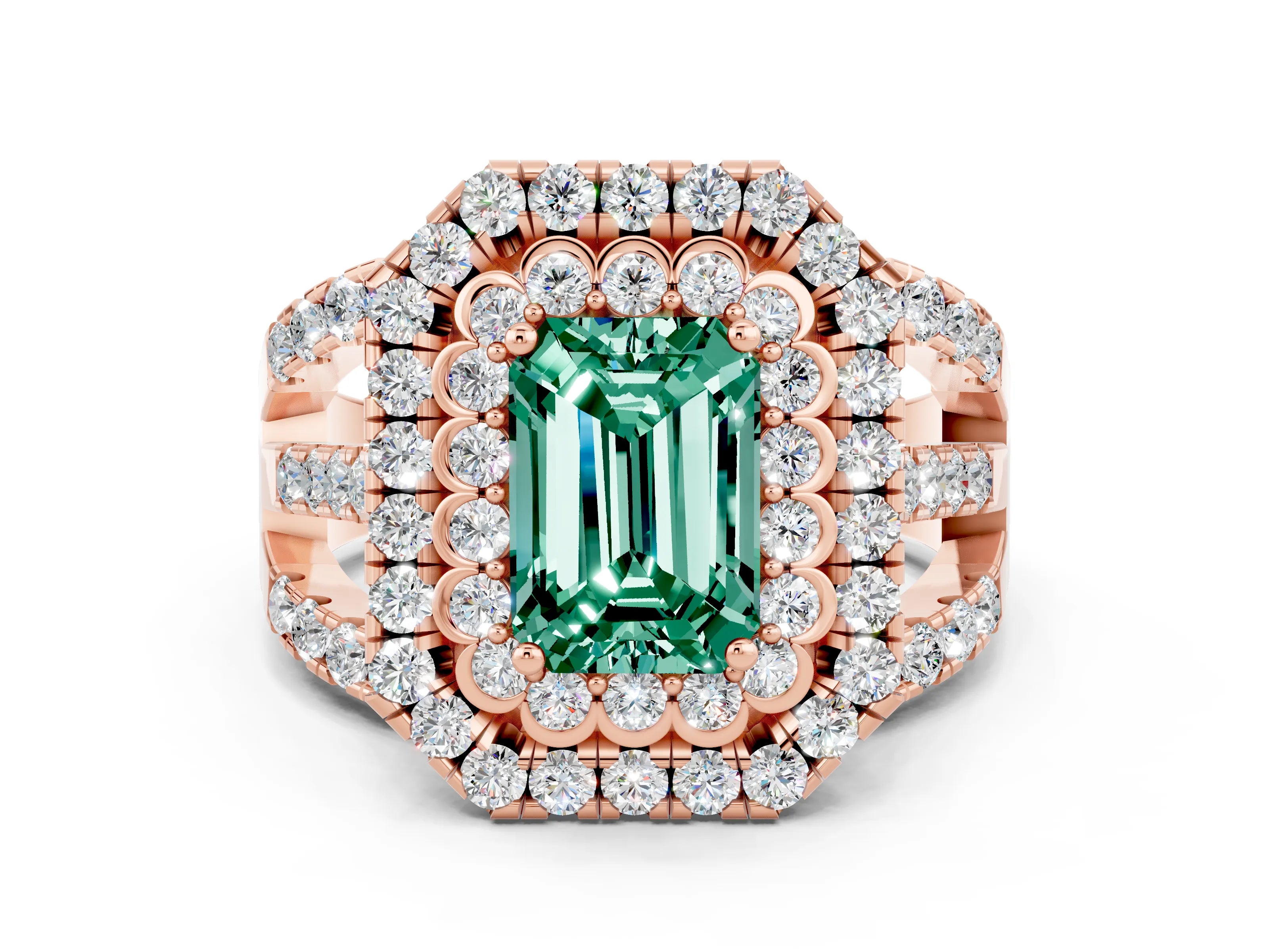 Rose gold Double Halo Emerald Cut Diamond Split Shank Pave Set Ring