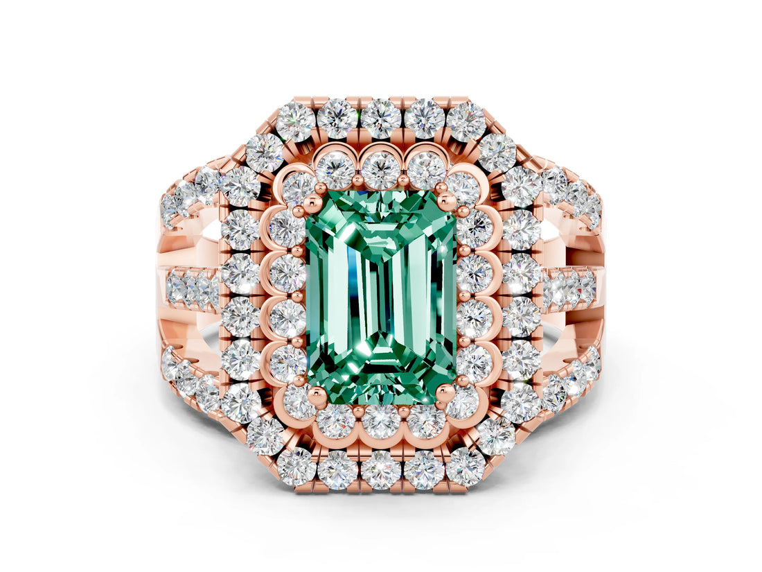 Rose gold Double Halo Emerald Cut Diamond Split Shank Pave Set Ring