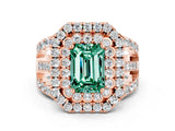 Rose gold Double Halo Emerald Cut Diamond Split Shank Pave Set Ring