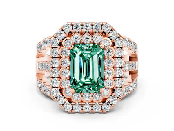 Rose gold Emerald Cut Green Sapphire Double Halo Ring with Round Pavé Split Shank and Prong Setting