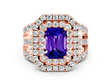 Rose gold Double Halo Emerald Cut Diamond Split Shank Pave Set Ring