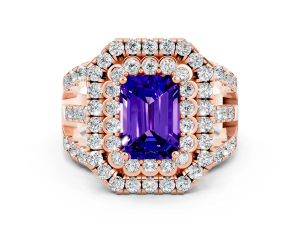 Rose gold Emerald Cut Tanzanite Double Halo Ring with Round Pavé Split Shank and Prong Setting