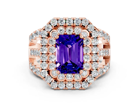 Rose gold Double Halo Emerald Cut Diamond Split Shank Pave Set Ring