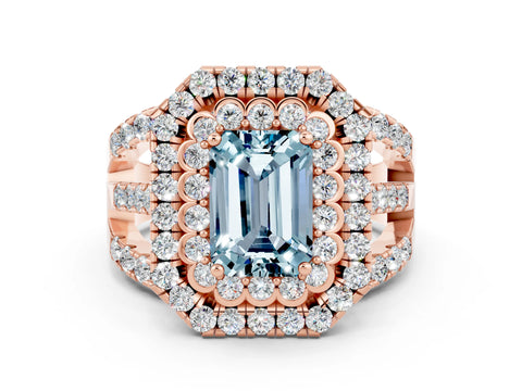 Rose gold Double Halo Emerald Cut Diamond Split Shank Pave Set Ring