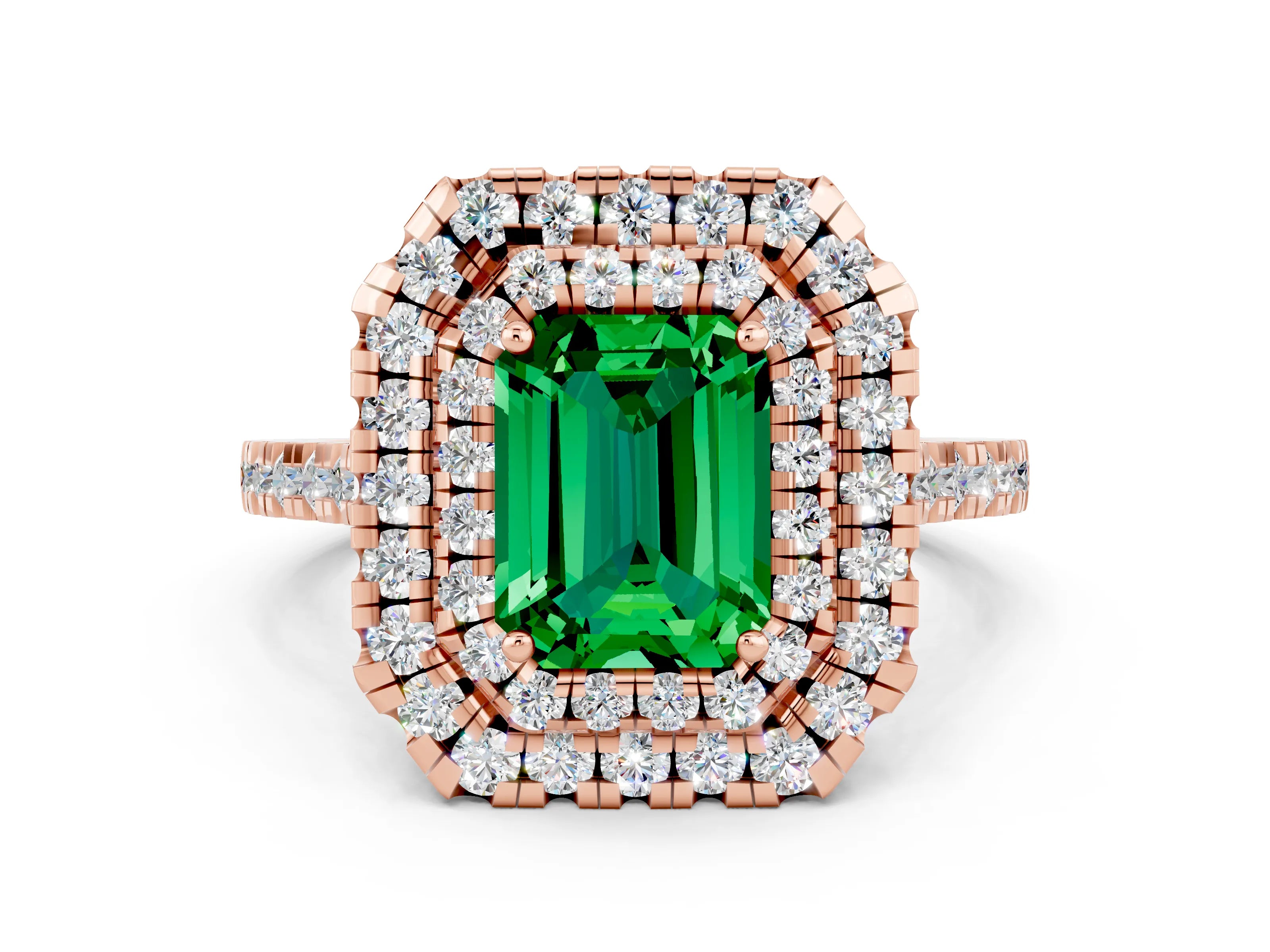 Rose gold Double Halo Emerald Cut Emerald Pavé Band with Four-Prong Setting