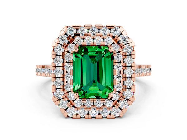 Rose gold Double Halo Emerald Cut Emerald Pavé Band with Four-Prong Setting