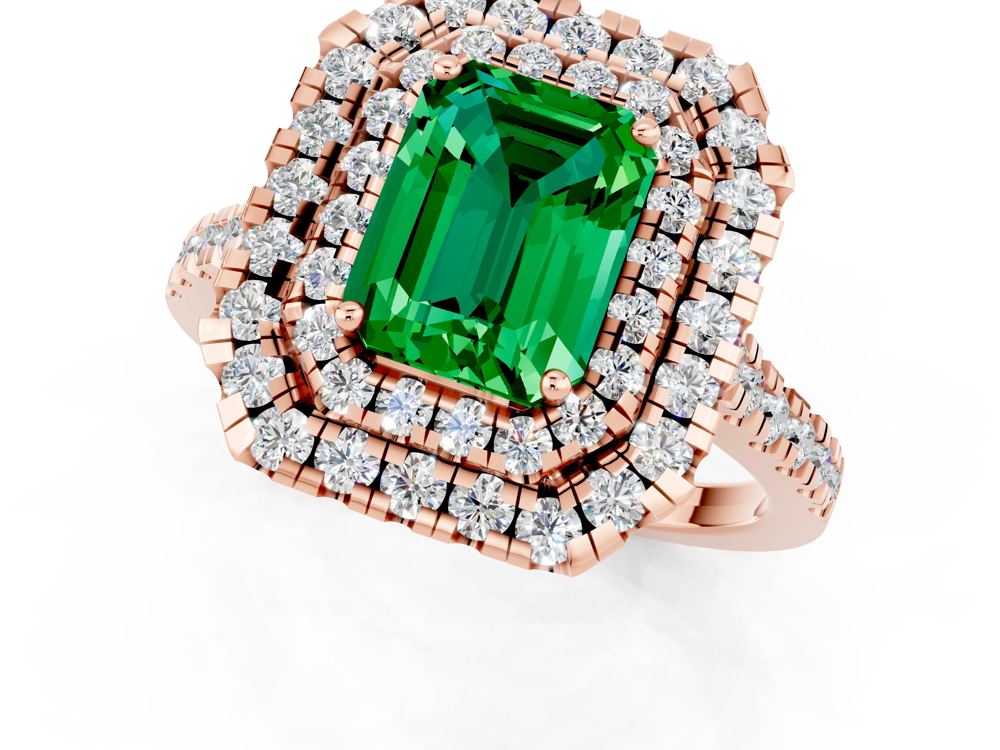 Rose gold Double Halo Emerald Cut Emerald Pavé Band with Four-Prong Setting_1