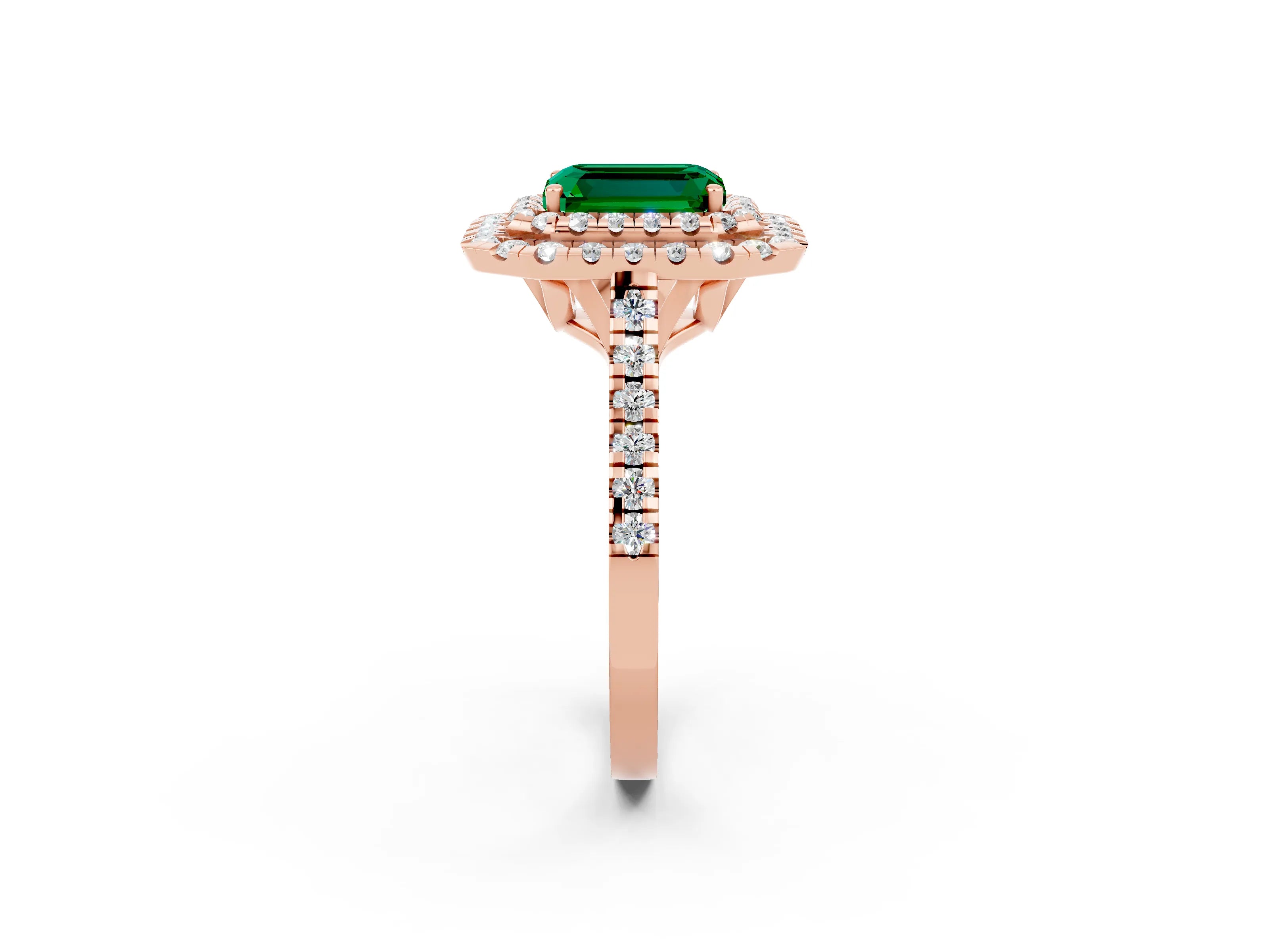 Rose gold Double Halo Emerald Cut Emerald Pavé Band with Four-Prong Setting_2