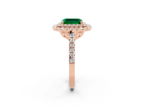 Rose gold Double Halo Emerald Cut Emerald Pavé Band with Four-Prong Setting_2