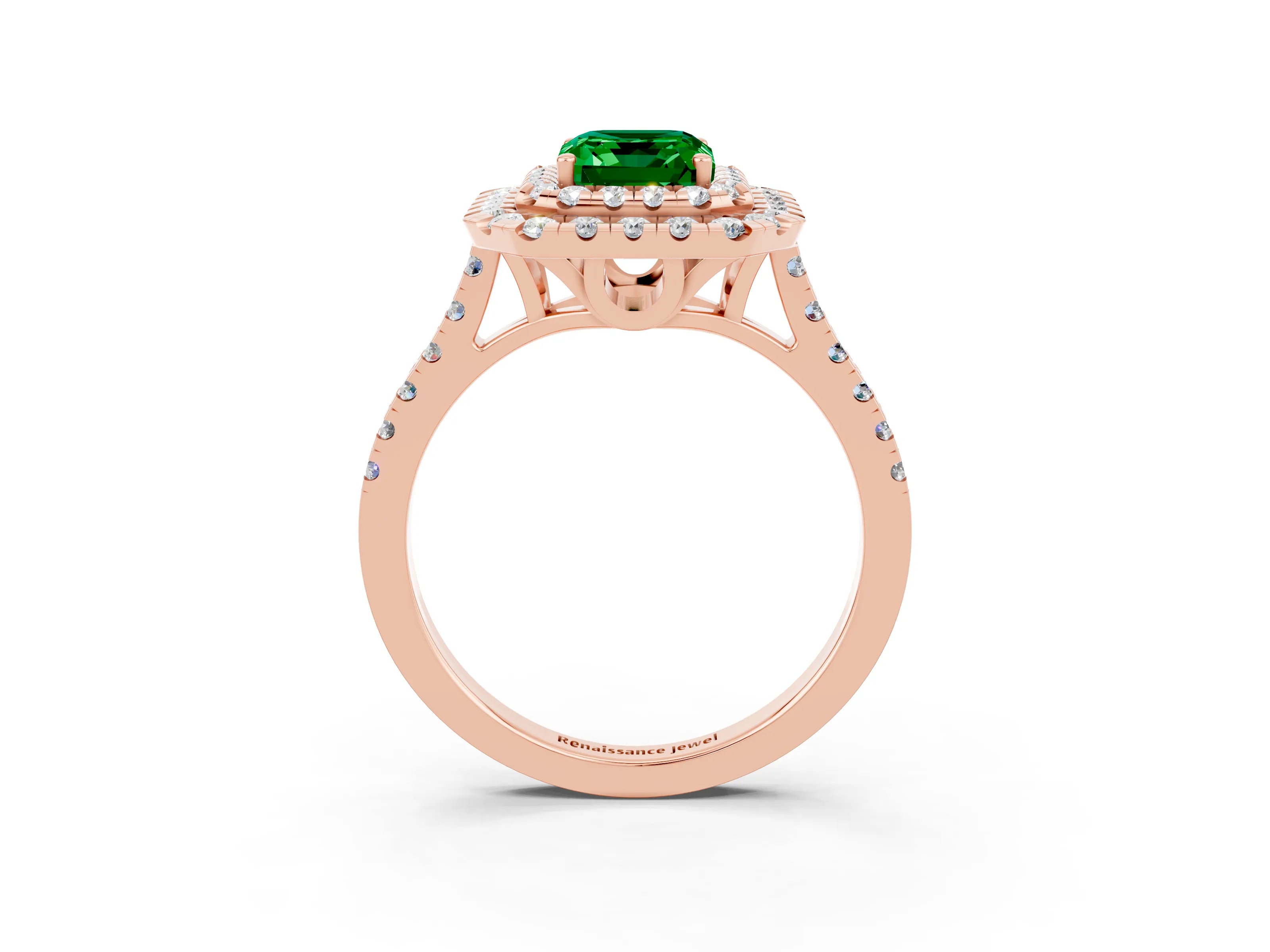 Rose gold Double Halo Emerald Cut Emerald Pavé Band with Four-Prong Setting_3