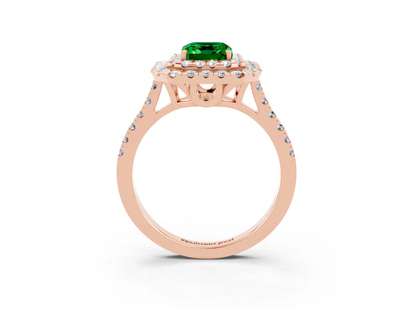 Rose gold Double Halo Emerald Cut Emerald Pavé Band with Four-Prong Setting