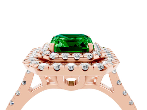 Rose gold Double Halo Emerald Cut Emerald Pavé Band with Four-Prong Setting_4
