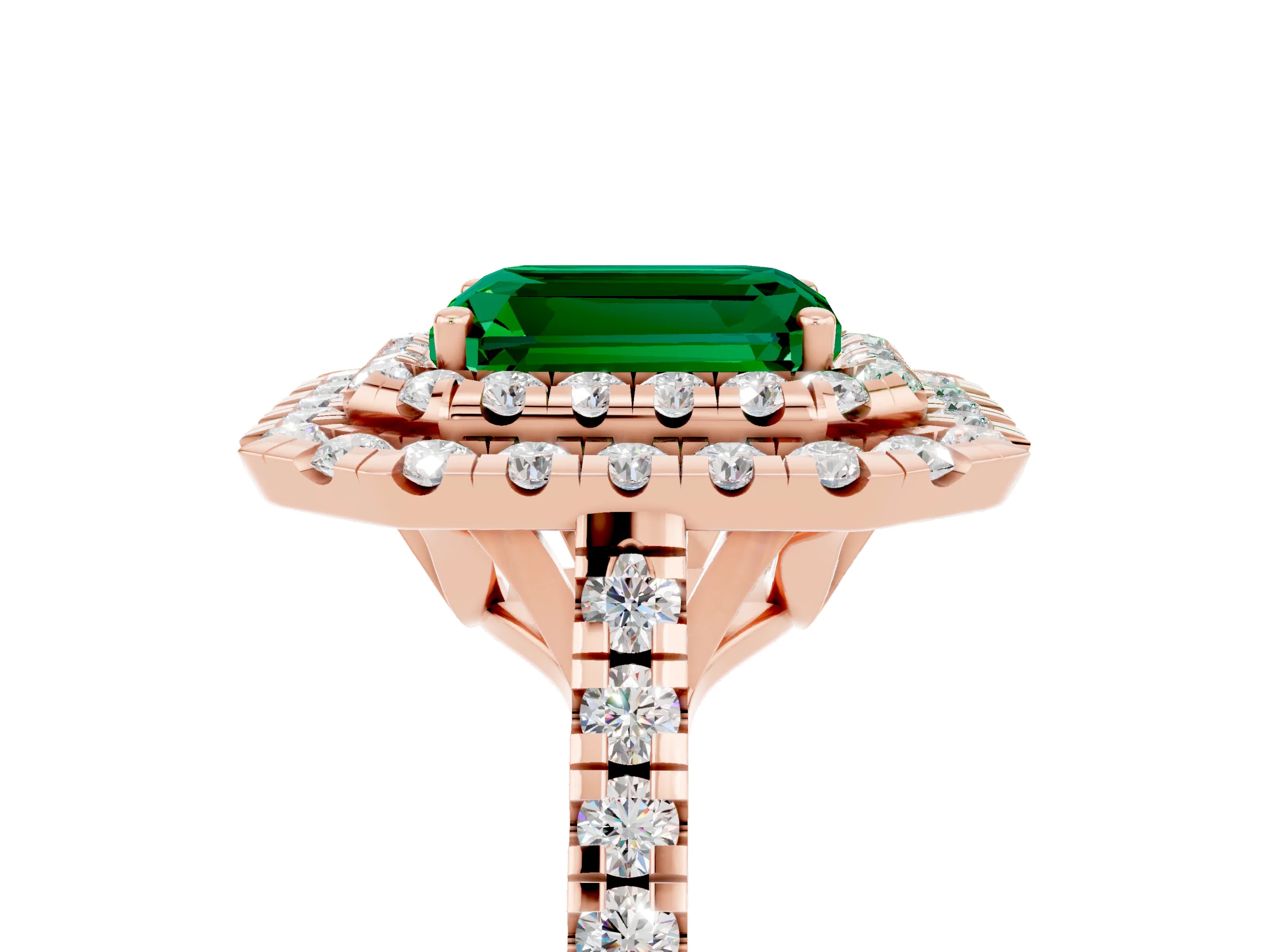 Rose gold Double Halo Emerald Cut Emerald Pavé Band with Four-Prong Setting_5