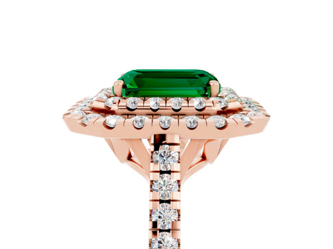 Rose gold Double Halo Emerald Cut Emerald Pavé Band with Four-Prong Setting_5