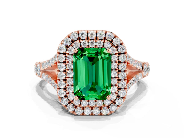 Rose gold Double Halo Emerald Cut Emerald Pavé Split Shank Ring with Prong Setting