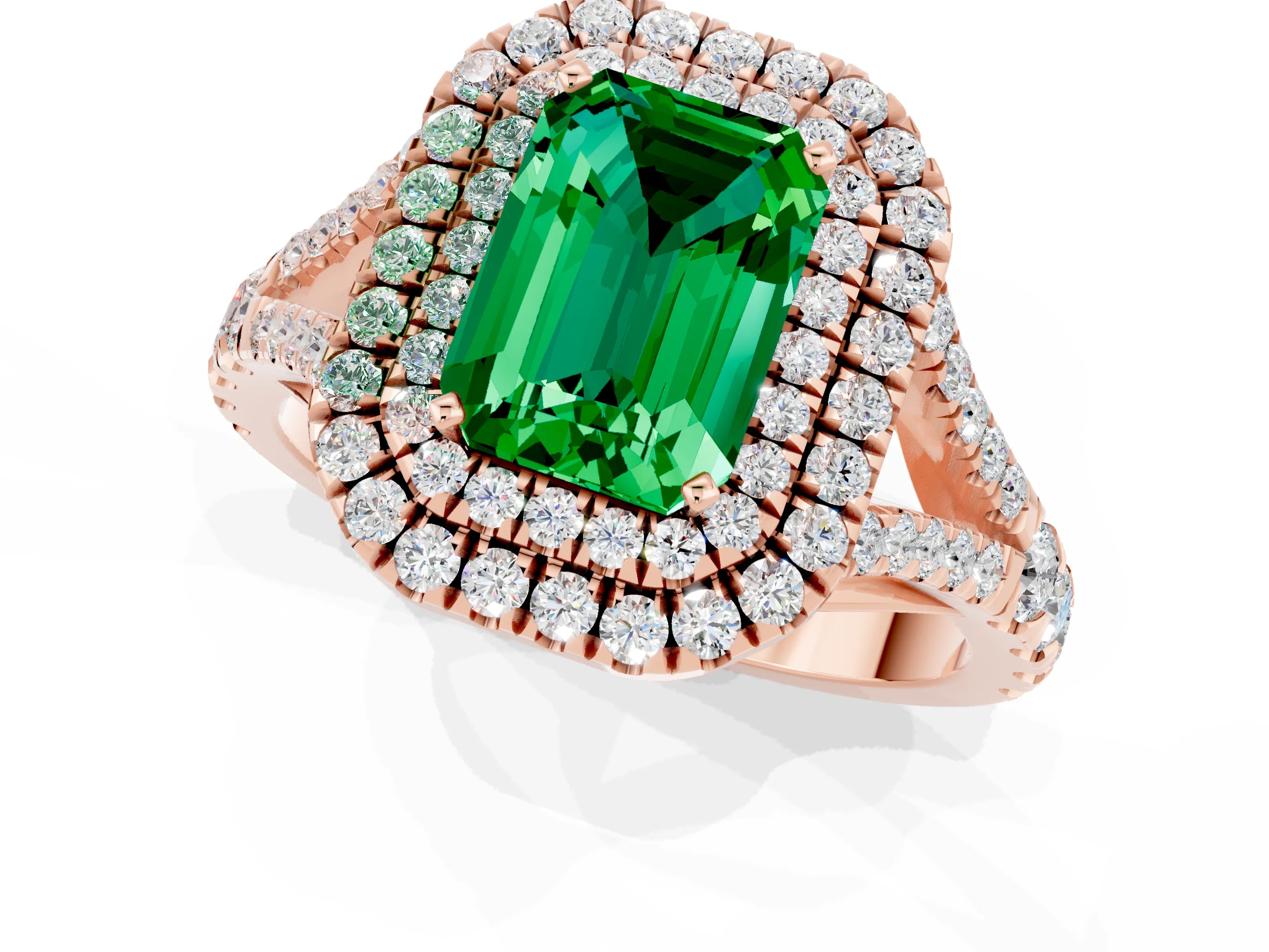 Rose gold Double Halo Emerald Cut Emerald Pavé Split Shank Ring with Prong Setting_1