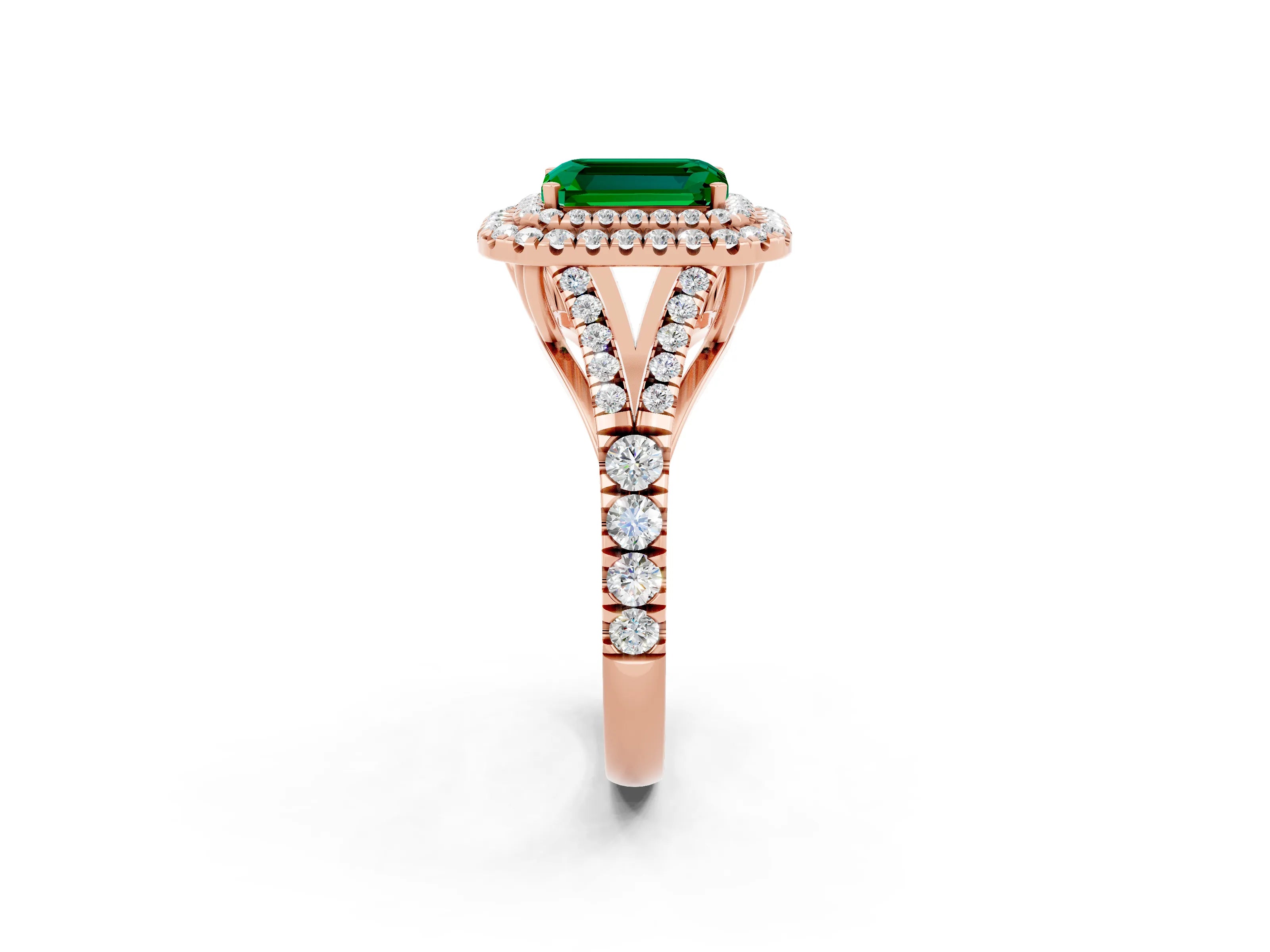 Rose gold Double Halo Emerald Cut Emerald Pavé Split Shank Ring with Prong Setting_2